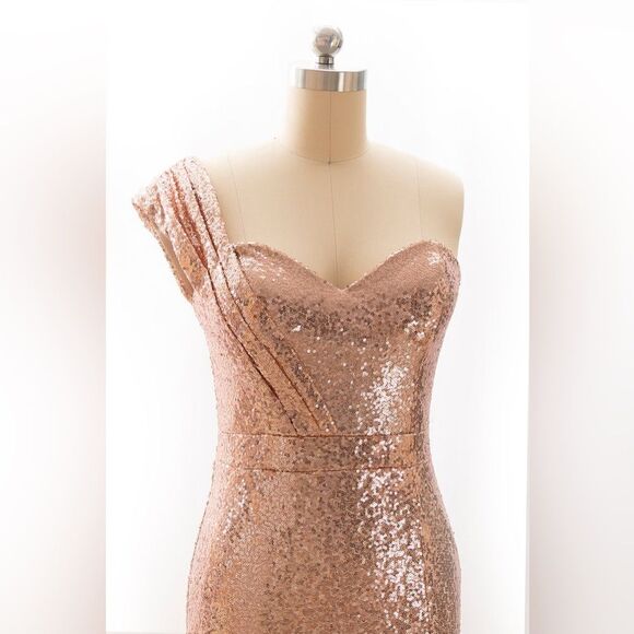 NWT Rose Gold One-Shoulder Sweep/Brush Train Beading Sequins Dresses - Picture 8 of 15